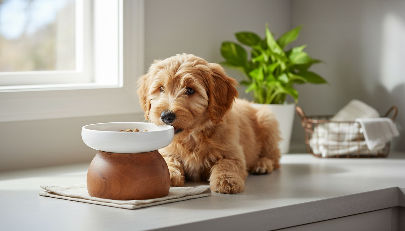 Cleaner Feeding Station: Elevated Ceramic Bowl + Wood Stand