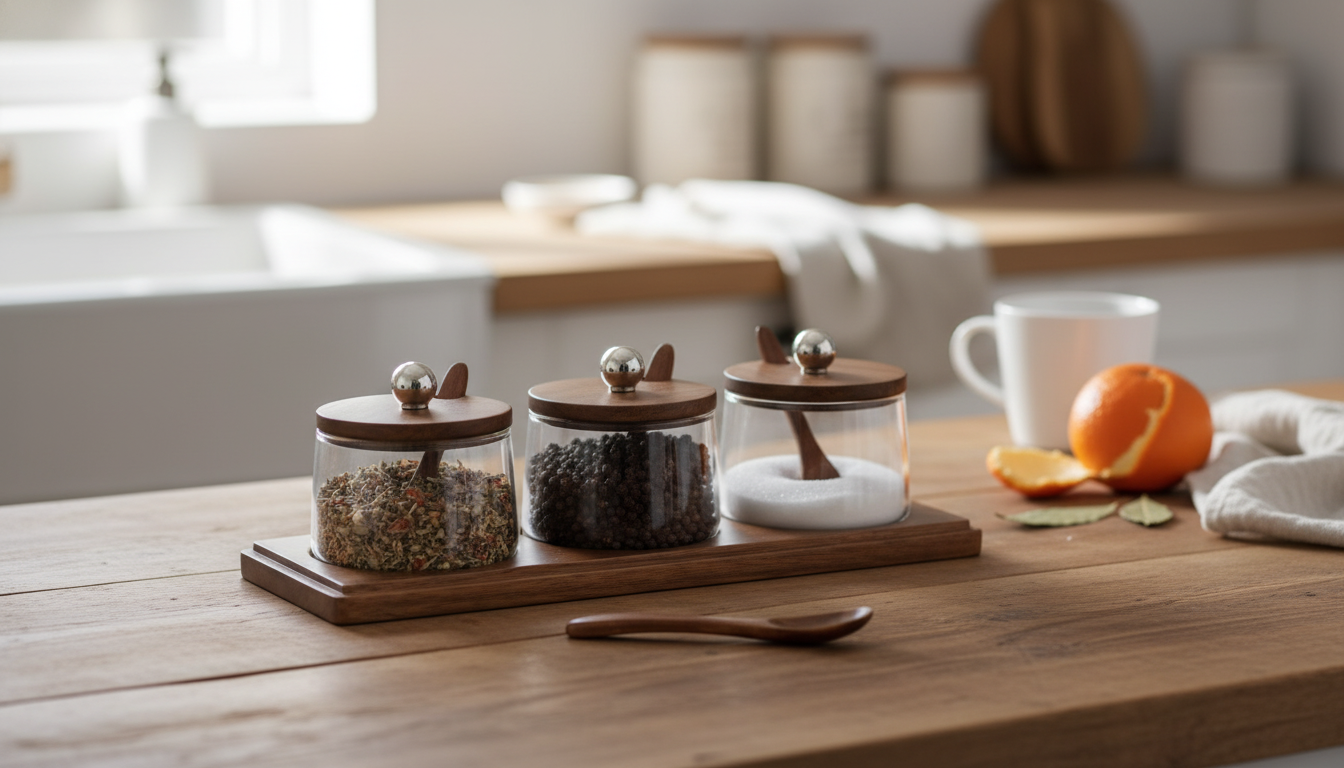 Glass Seasoning Jars with Wooden Lids & Acacia Tray