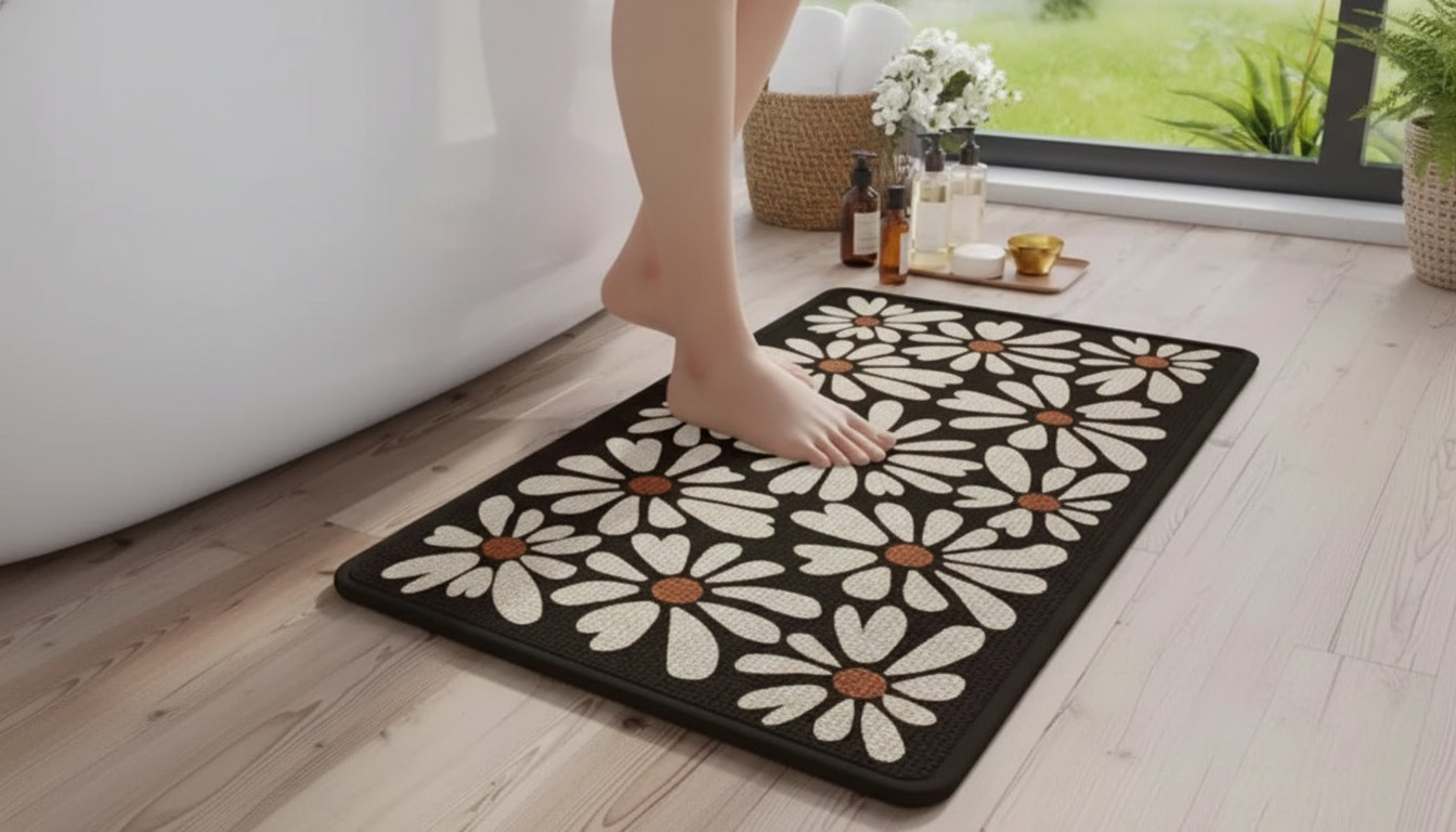 Linen Daisy Bathroom Mat: Soft, Bright & Slip-Smart