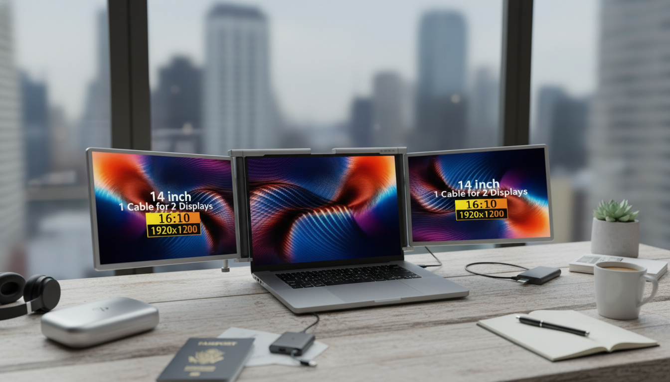 Portable Tri-Screen Laptop Extender for Travel Workflows